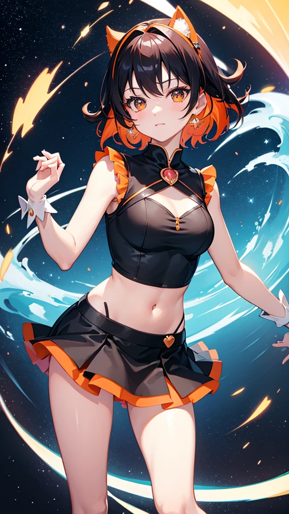 Magical girl　Orange bob hair　Black costume　mini skirt　　A relaxed expression　universe space