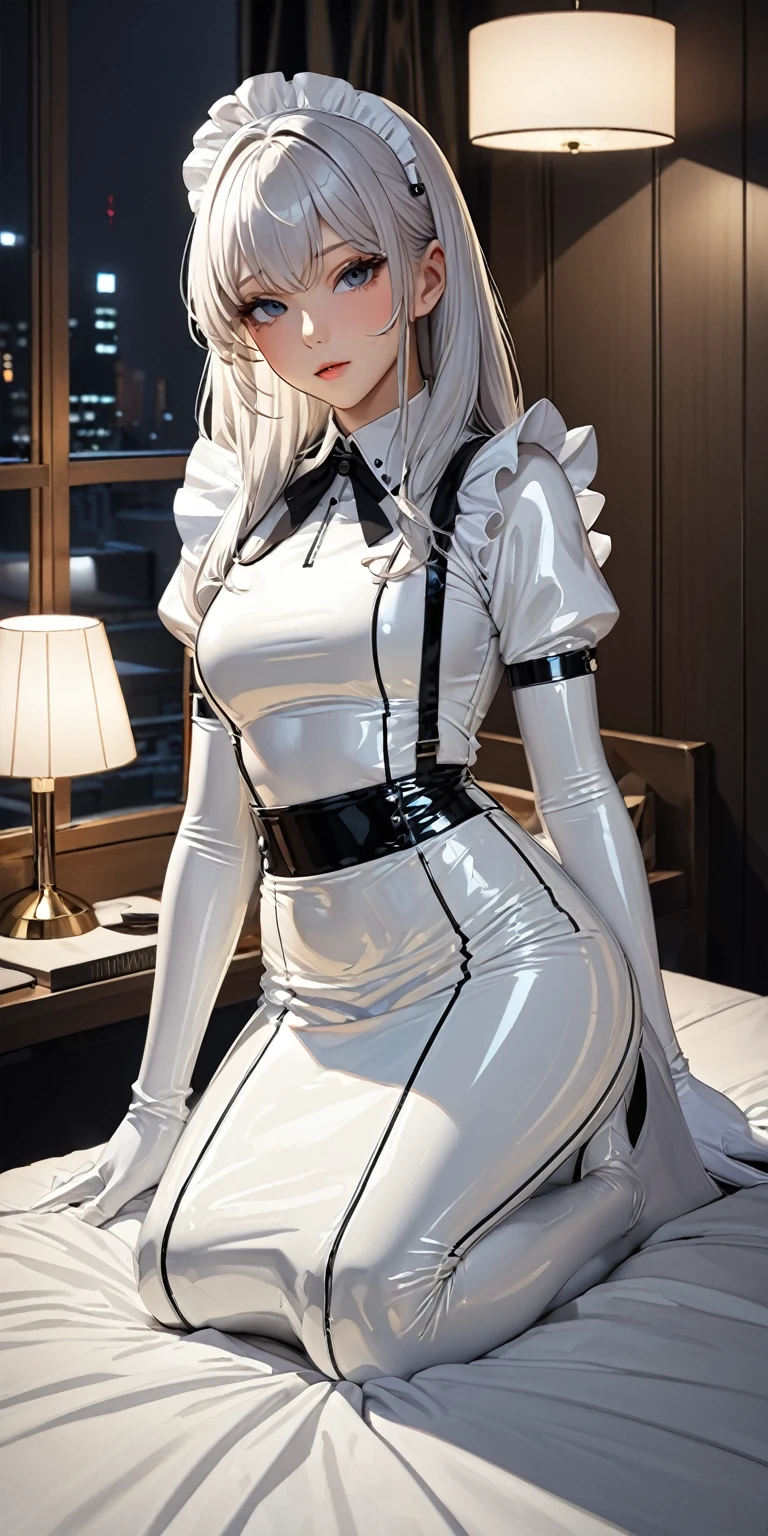 Portraiture、(masterpiece,Highest quality,Ultra-high resolution),Japanese women, (((Very beautiful 25 year old girl))),(White latex maid outfit)、(White latex long skirt)、(White latex long sleeve shirt)、White latex long gloves、White latex socks、Latex bodysuit、Latex is very shiny、Dark bedroom at night、