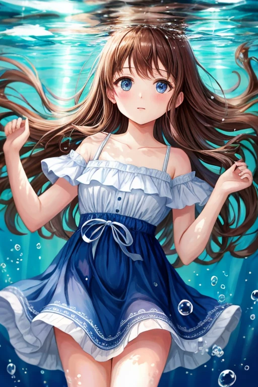 high quality , best masterpiece ,old girl ,brown hair , blue eyes , light blue sundress , underwater background