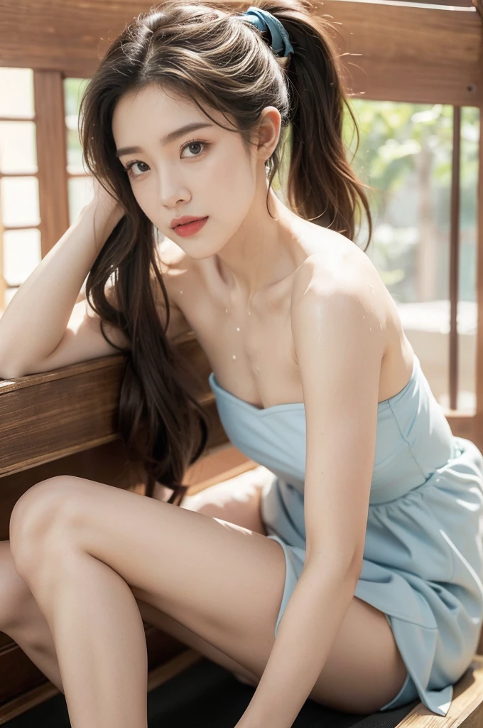 (((best quality))),(((ultra detailed))),(((masterpiece))),illustration,(1 beautiful girl,solo),((slim,thin)),((small breasts,flat chest)),(blush:1.5),summer afternoon,living room,sanctuary of tranquility,fitness,grace,(short ponytail:1.2),effortless elegance,((strapless light blue bra)),youthful radiance,enchanting,inspiring,(sitting on treadmill:1.3),body drenched in perspiration,(sweat:1.5),dedication,inner strength,determination,composed,focused,eyes,lush potted plant,greenery,life,vitality,soft sunlight,warm patches of light,wooden floor,fragrant cookies,cozy ambiance,attire,functional,fashionable,comfort,flexibility,curves,lightweight material,unrestricted movement,grip,treadmill's belt,propel,forward,serene expression,slight smile,lips,focused on horizon,visualizing goals,dreams,radiant beauty, comfortable clothing,determined spirit,captivating,inspiring image,essence of summertime fitness,self-care,((from front,close-up of face))
