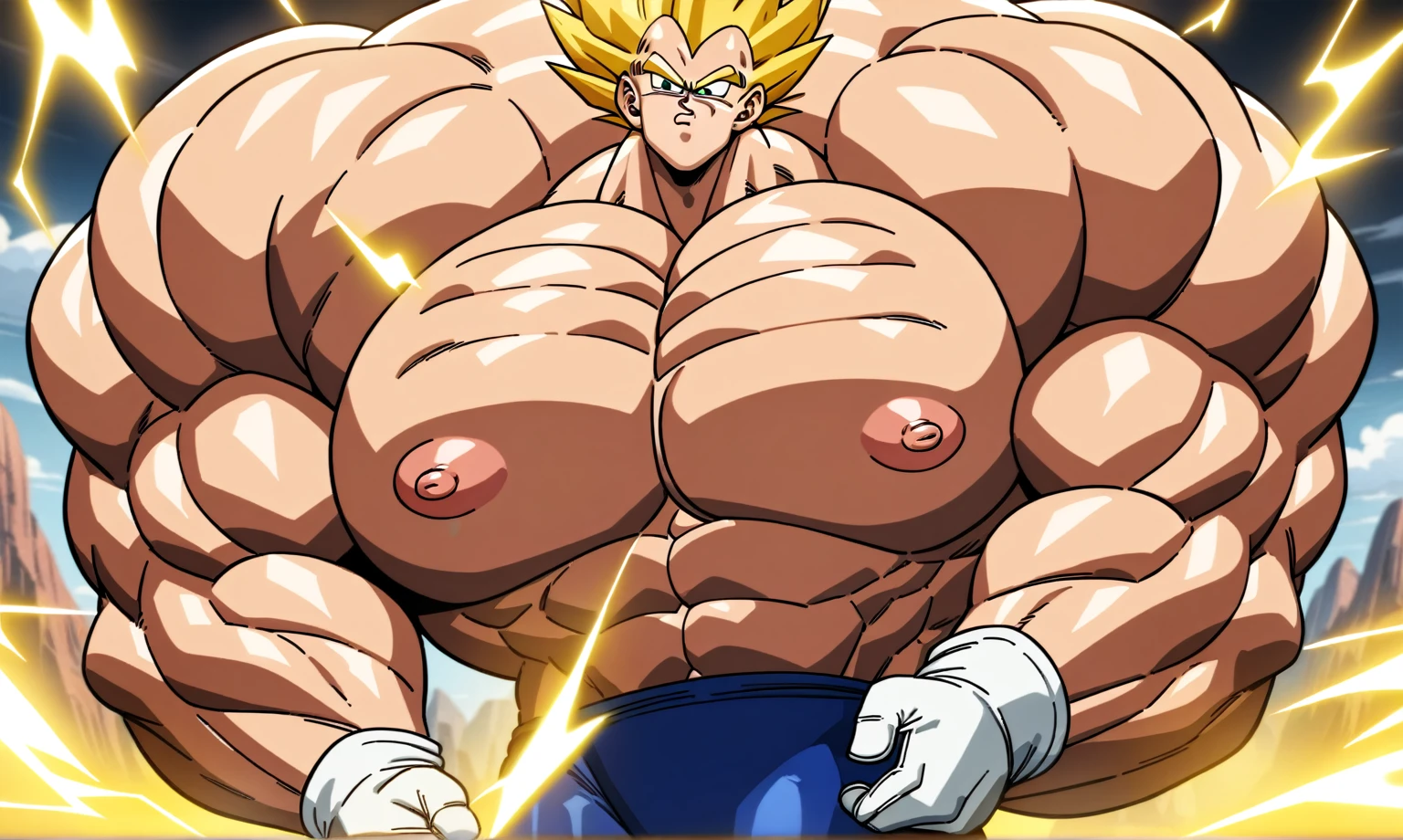 1boy, Vegeta, from Dragon Ball Z, masterpiece, best quality, very aesthetic, absurdres, saiyan, green eyes, spiked hair, (yellow hair:1.5),  shirtless, blue skintight pants, white gloves, (huge muscles:2.7), (muscular shoulders:2.7), (huge biceps:2.7), (huge forearms:2.7), (huge thighs:2.7) Dragonballartstyle, in the style of Akira Toriyama, outdoors, flat-top mountains, nipples, yellow aura, electricity, (left arm as big as right arm:2)