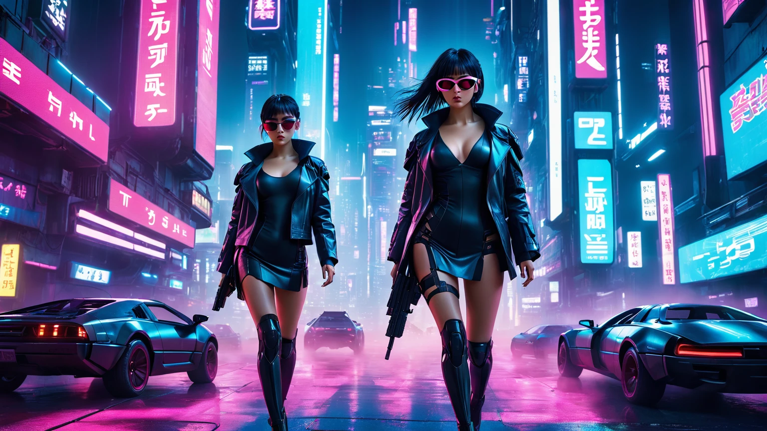 Cyberpunk female plagiarist immersed in digital theft, neon-lit alias within a vast online labyrinth, grotesque grunge brushing into surrealism, illuminated by kaleidoscopic volumetric light, a detailed masterpiece reminiscent of Moebius' distinctive style, deep focus, heightened depth field, psychedelic undertones amplified in a cinematic shot, (((((aerial view of cyberpunk city at night))))), (((((1girl, solo, alone))))), photo realistic, (((((large-breast:1.4 slim body, cleavage:1.4))))), (((off broken mini sling-shirt and black sling bra, (((extreamly short white pleated miniskirt, micro panty)))))), (((((running pose))))), (((((((matrix style black micro sunglasses))))))), ((((((((((aiming with a short gun)))))))))), (((((looking at camera))))), (((very low view))), (((((half-body thigh level medium shot))))), (((cinematic lighting))), (zoom in):1.2