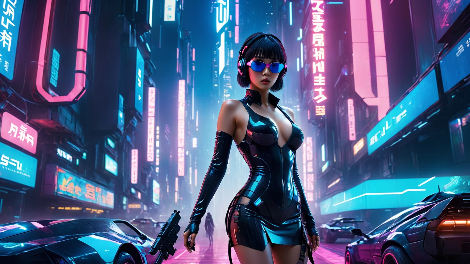 aerial view, dark ht, A vast cyberpunk landscape set in Korea with ((flying cars)) and neon lights, in shades of pink, blue and red, (Matrix style cascading code), in the style of Blade Runner and Ghost In The Shell. (((((1girl, solo, alone))))), large-bre2 slim body, cleavage:y miniskirt, (eadphone, black sunglasses, standing and holding pistol pose)))), (((half-body thigh level medium shot))), cinematic lighting, lens flare, ray tracing.