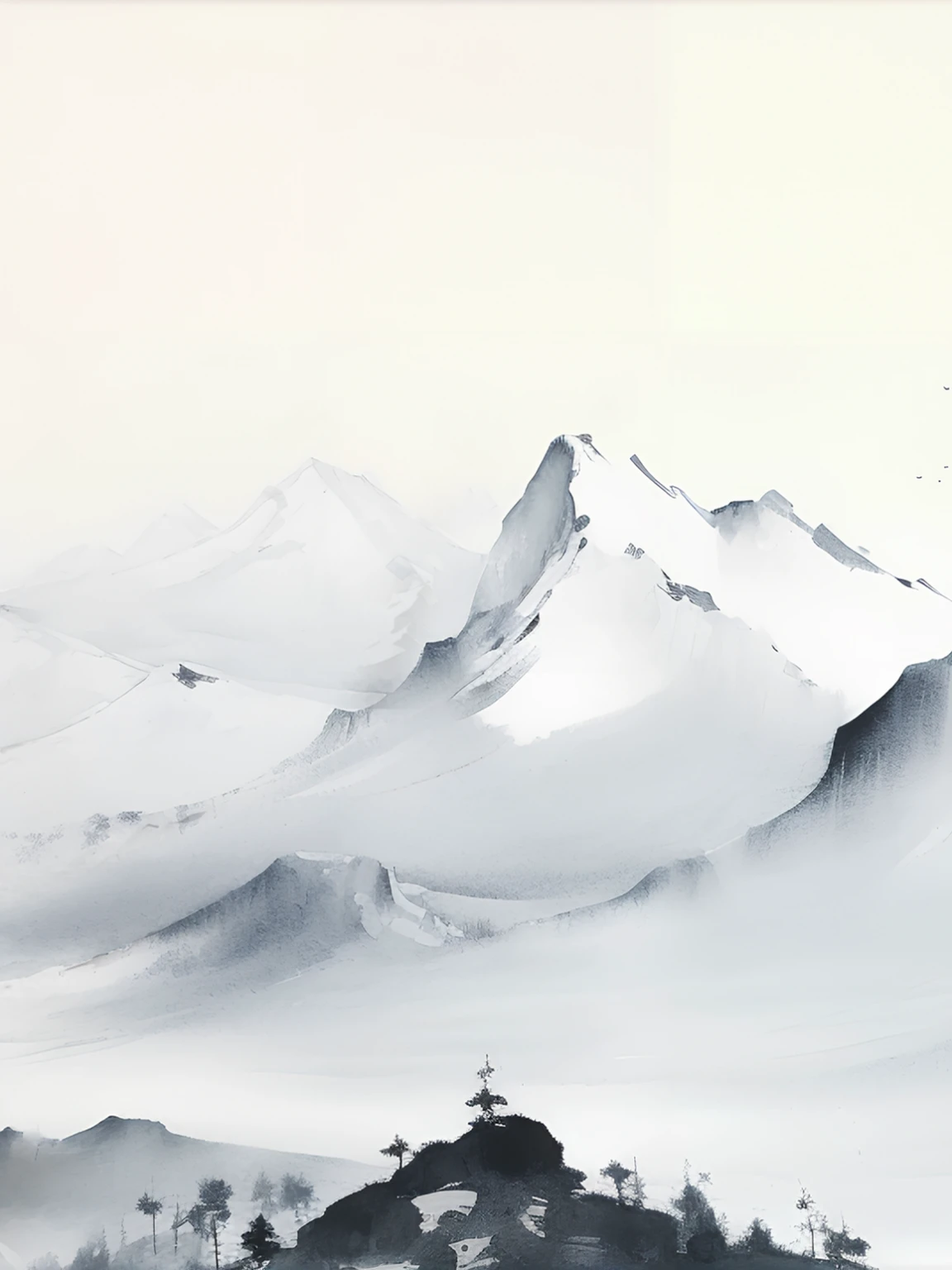 Aerial view of a mountain range，There are some trees and a bird flying above., Ink Painting, Ink Painting, Chinese painting style, Chinese style景, Ink Painting art, Chinese Ink Painting, author：Sun Kehong, traditional Chinese Ink Painting, Korean Artist, Inspired by Kim Hong-do, author Sim Sa-jeong, mist, Chinese style
