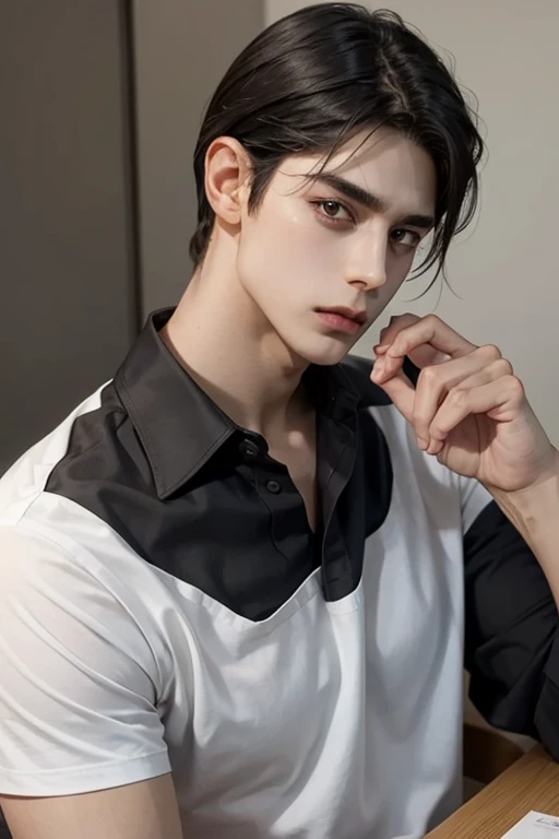 Black hair brown eyes black suit white t shirt inside