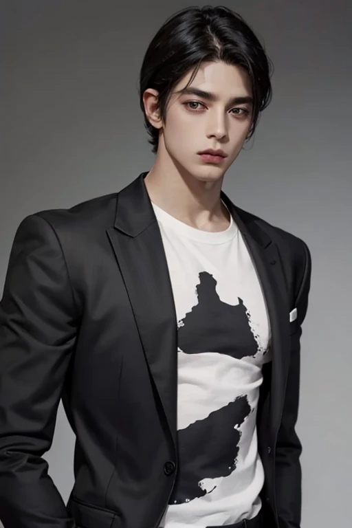 Black hair brown eyes black suit white t shirt inside