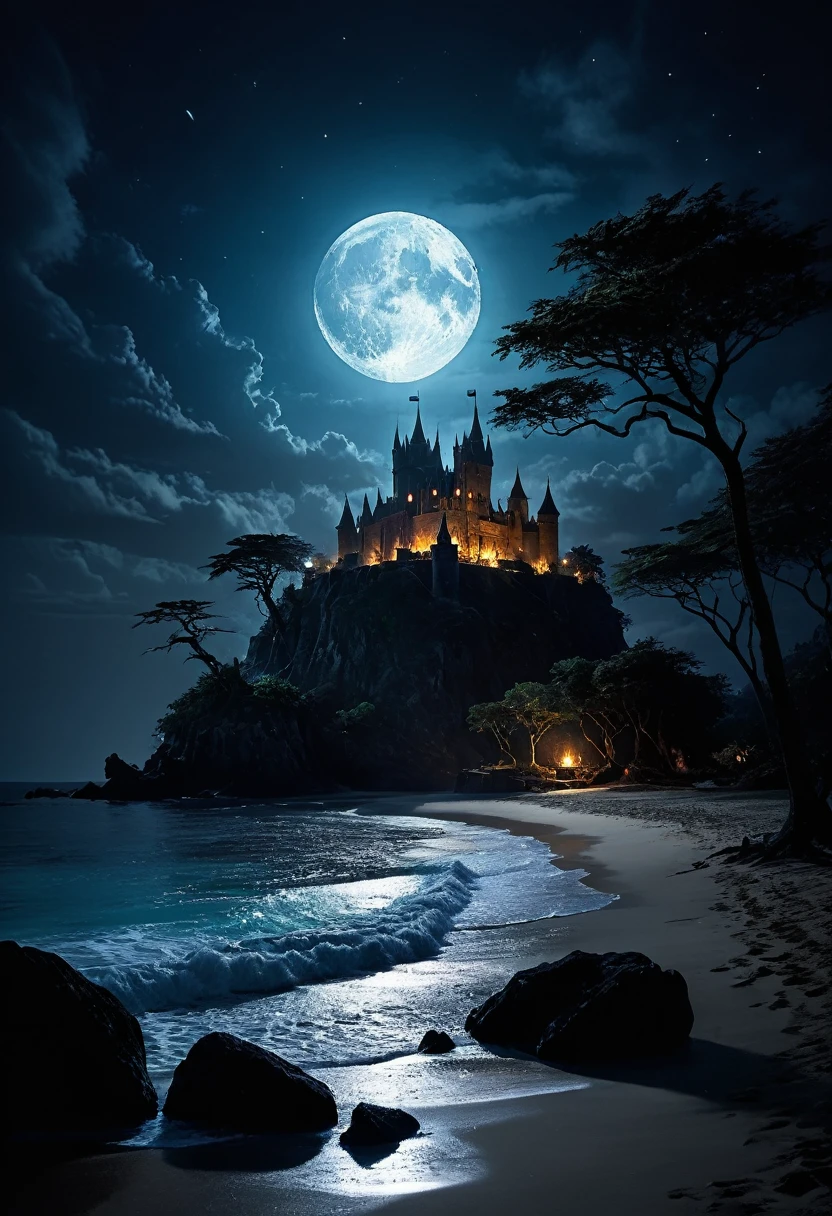 arafed, dark fantasy art, goth art,  an award winning digital picture, National Geographic picture of a dark mysterious island at night, it is night time, a dark island, dark gloomy beach, skull on the beach, some large ancient trees, a dark castle, lit with torches, necromancy magic, full moon, some stars,  Ultra-high resolution, High Contrast, (masterpiece:1.5), highest quality, Best aesthetics), 16K fantasy art, best details, best quality, highres, (ultra wide angle: 1.2), 16k, [ultra detailed], masterpiece, best quality, (extremely detailed), ladyshadow