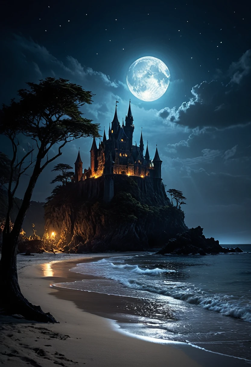 arafed, dark fantasy art, goth art,  an award winning digital picture, National Geographic picture of a dark mysterious island at night, it is night time, a dark island, dark gloomy beach, skull on the beach, some large ancient trees, a dark castle, lit with torches, necromancy magic, full moon, some stars,  Ultra-high resolution, High Contrast, (masterpiece:1.5), highest quality, Best aesthetics), 16K fantasy art, best details, best quality, highres, (ultra wide angle: 1.2), 16k, [ultra detailed], masterpiece, best quality, (extremely detailed), ladyshadow