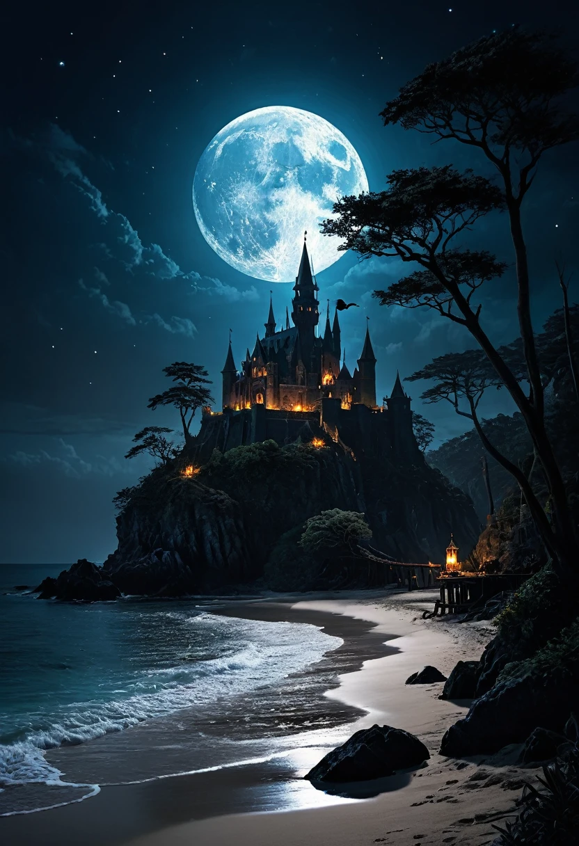 arafed, dark fantasy art, goth art,  an award winning digital picture, National Geographic picture of a dark mysterious island at night, it is night time, a dark island, dark gloomy beach, skull on the beach, some large ancient trees, a dark castle, lit with torches, necromancy magic, full moon, some stars,  Ultra-high resolution, High Contrast, (masterpiece:1.5), highest quality, Best aesthetics), 16K fantasy art, best details, best quality, highres, (ultra wide angle: 1.2), 16k, [ultra detailed], masterpiece, best quality, (extremely detailed), ladyshadow