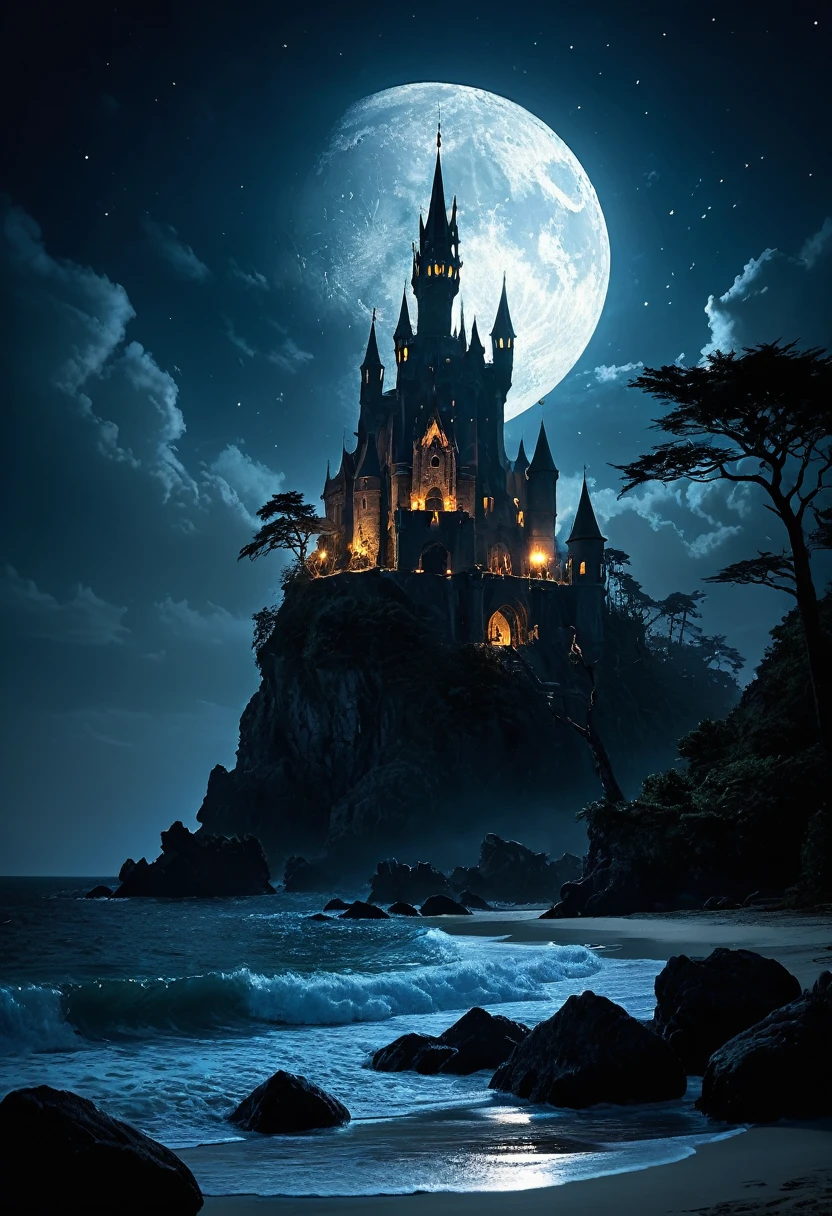 arafed, dark fantasy art, goth art,  an award winning digital picture, National Geographic picture of a dark mysterious island at night, it is night time, a dark island, dark gloomy beach, skull on the beach, some large ancient trees, a dark castle, lit with torches, necromancy magic, full moon, some stars,  Ultra-high resolution, High Contrast, (masterpiece:1.5), highest quality, Best aesthetics), 16K fantasy art, best details, best quality, highres, (ultra wide angle: 1.2), 16k, [ultra detailed], masterpiece, best quality, (extremely detailed), ladyshadow