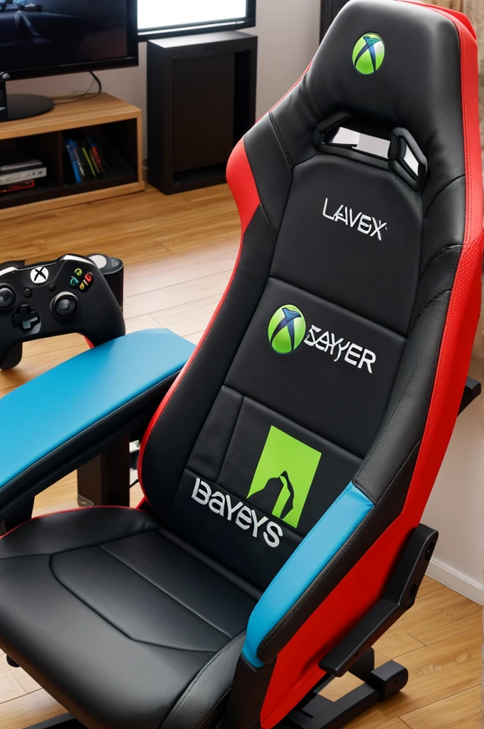 Personne assis sur une chaise de gamer avec un maillot du bayer Leverkusen et avec une manette de Xbox et écrit sur son maillot Reavy Sunshine Gaming