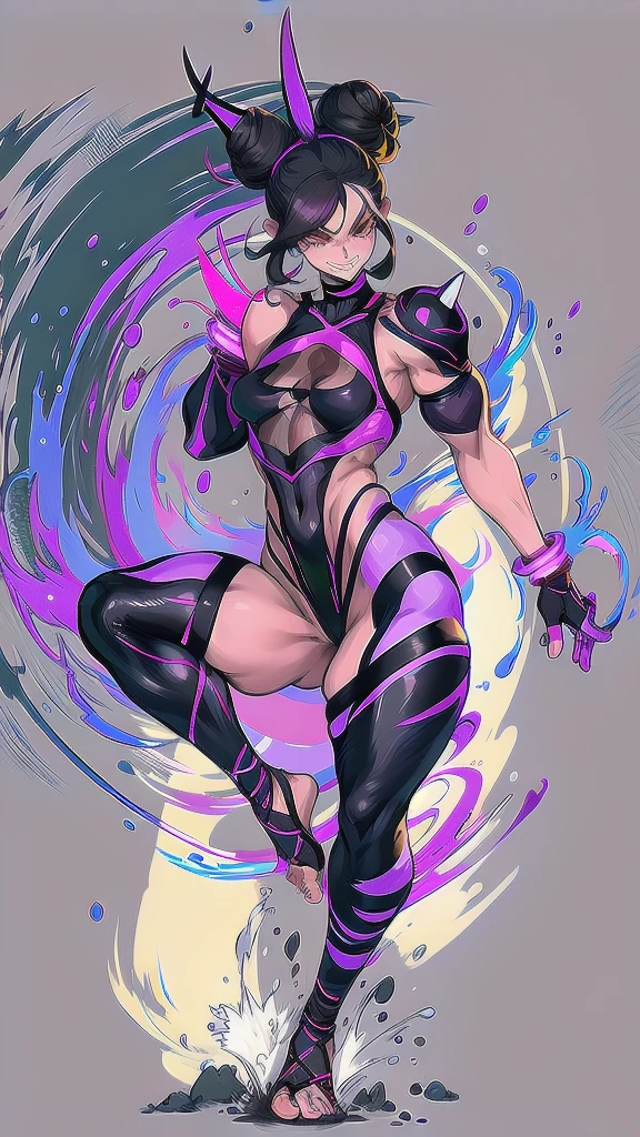 Full body image of Juri Han from Street Fighter 5, wearing her original outfit (black and purple bodysuit with spiked accents, barefoot with taped feet, and arm guards), short black hair styled in twin buns, female body, athletic and flexible body, dynamic pose, detailed pose, simple background, expressive face showing a mischievous grin, focus on face, line art, sketch