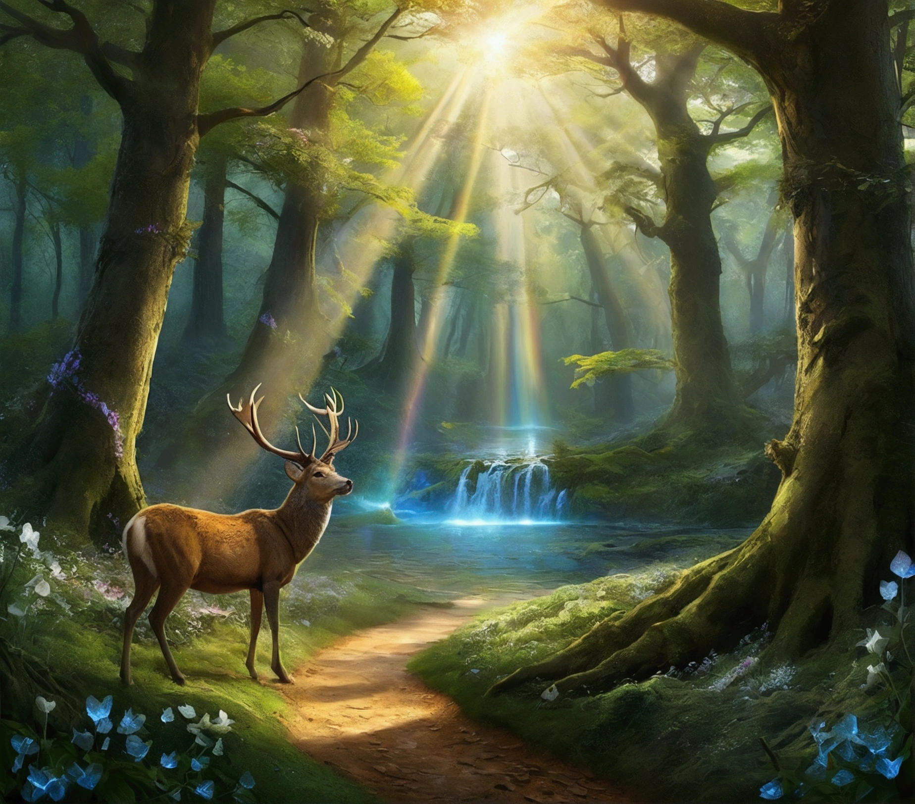 
4 k image, surrealistic,
You are in a forest of Elarion, where the realism of nature meets magic. The vegetation is lush, with gigantic trees whose tops form a verdant roof, filtering the sunlight into golden rays. The floor is covered in a carpet of moss and fallen leaves., and a crystal clear river serenely winds through the forest, reflecting the colors of the rainbow thanks to the magical minerals in its bed.

The animals that inhabit this forest are equally impressive and unique.. Deer with crystal antlers graze alongside wolves whose fur shines like stars. Birds with iridescent feathers sing enchanting melodies while tiny fairies dance around flowers that emanate a soft blue glow.. in a clearing, you spot a majestic green-scaled dragon resting peacefully, with your bright eyes watching every movement of the forest.

The entire scene is filled with an aura of peace and enchantment., where reality and fantasy merge perfectly. Feel free to explore every detail of this magical world, where every leaf, every sound and every creature has its own story to tell.