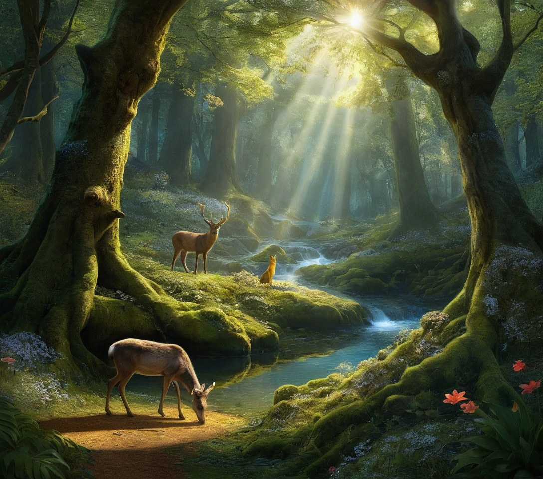 4 k image, surrealistic,
You are in a forest of Elarion, where the realism of nature meets magic. The vegetation is lush, with gigantic trees whose tops form a verdant roof, filtering the sunlight into golden rays. The floor is covered in a carpet of moss and fallen leaves., and a crystal clear river serenely winds through the forest, reflecting the colors of the rainbow thanks to the magical minerals in its bed.
The animals that inhabit this forest are equally impressive and unique.. Deer with crystal antlers graze alongside wolves whose fur shines like stars. Birds with iridescent feathers sing enchanting melodies while tiny fairies dance around flowers that emanate a soft blue glow.. in a clearing, you spot a majestic green-scaled dragon resting peacefully, with your bright eyes watching every movement of the forest.
The entire scene is filled with an aura of peace and enchantment., where reality and fantasy merge perfectly. Feel free to explore every detail of this magical world, where every leaf, every sound and every creature has its own story to tell.