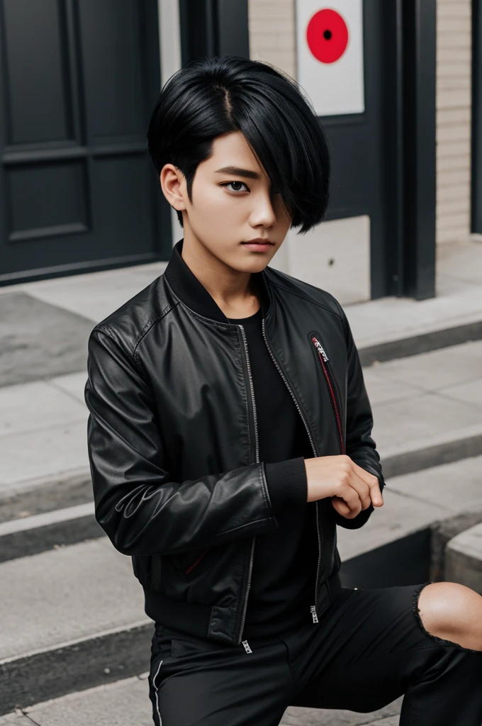 Black hair red eye black jacket and black pants two box haircut