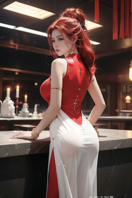 realisticlying, A high resolution, 1 rapariga, red ♥️🍒 color hair, korean people, eBlue eyes, The transparent cheongsam is flying，Sheer tight-fitting garments，Beads of sweat dripped down the buttocks，Large chest，Wide buttock， your ass，Butt visible，Visible on the back，buttocks visible，Ass pouted，wide wide shot，Cinema lenses，The skin glows，space ship，