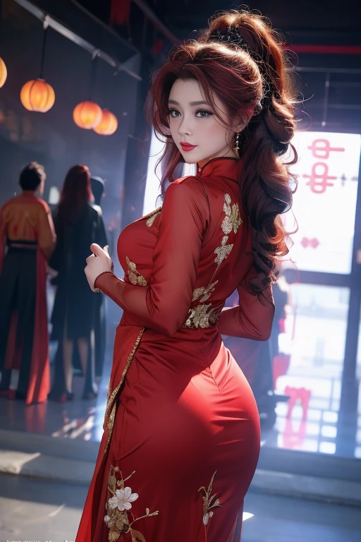 realisticlying, A high resolution, 1 rapariga, red ♥️🍒 color hair, korean people, eBlue eyes, The transparent cheongsam is flying，Sheer tight-fitting garments，Beads of sweat dripped down the buttocks，Large chest，Wide buttock， your ass，Butt visible，Visible on the back，buttocks visible，Ass pouted，wide wide shot，Cinema lenses，The skin glows，space ship，