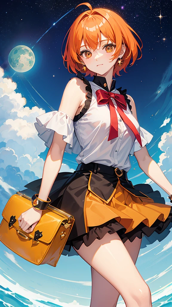 Magical girl　Orange bob hair　Black costume　mini skirt　16 years old　A relaxed expression　universe space
