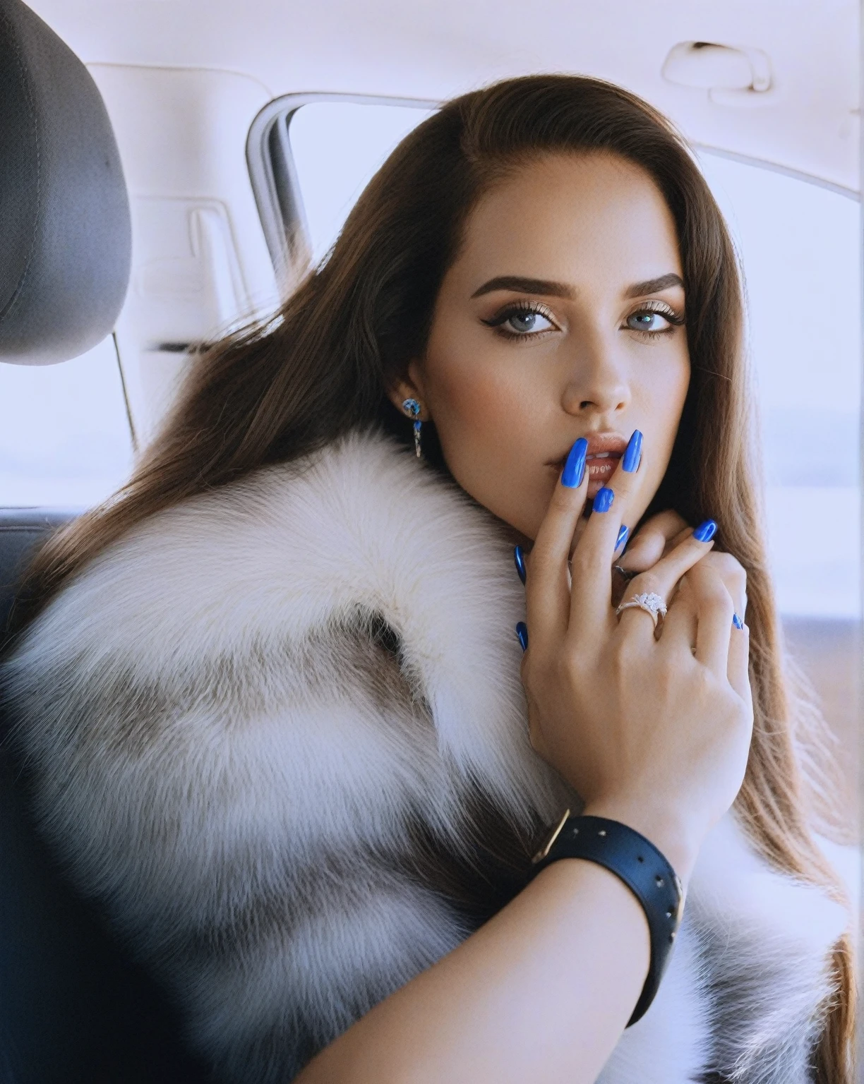 Woman with long hair and blue nails sitting in a car., King&#39;s wool, a portrait of King&#39;s wool, with cigarette, by Anita Malfatti, sitting in her car, In the style of Petra Collins, in the style of juergen teller, cigarette, inspired by Nan Goldin, inspired by Elsa Bleda, by Amelia Peláez