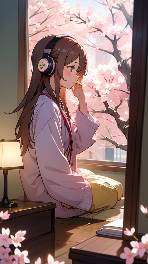 Beautiful girl studying in her room while listening to music with headphones、Warm lighting、Outside the room, cherry blossoms are blooming、Japanese anime style