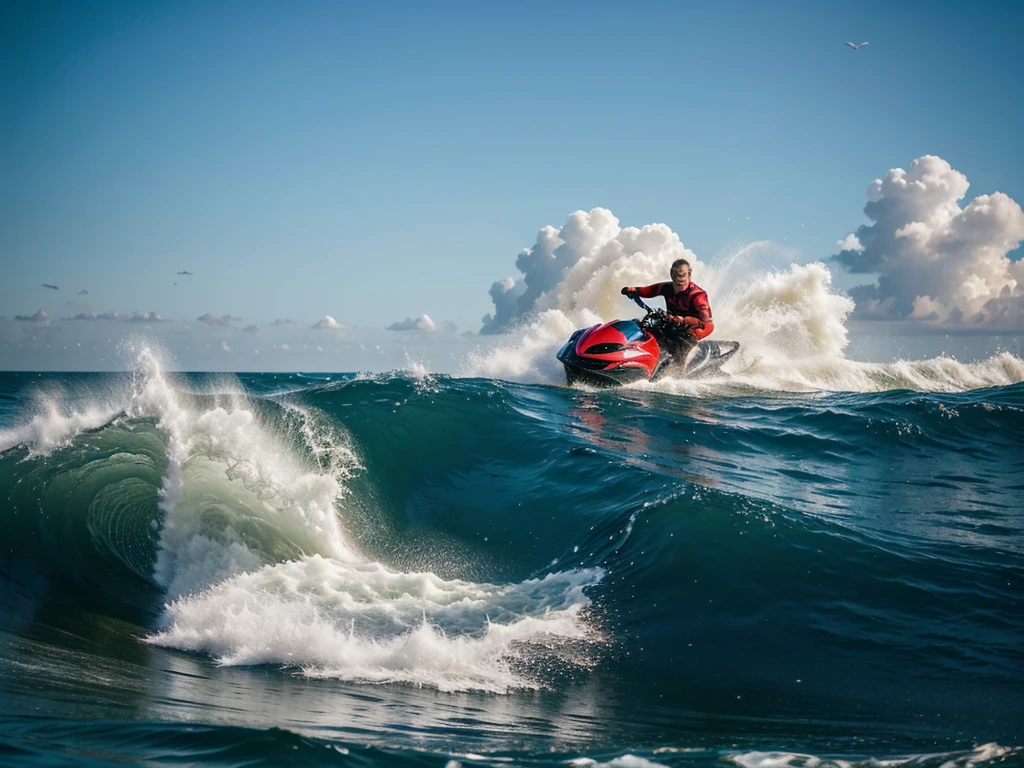 image of a man speeding by riding a jet ski in the sea and jumping through very high waves, professional photography