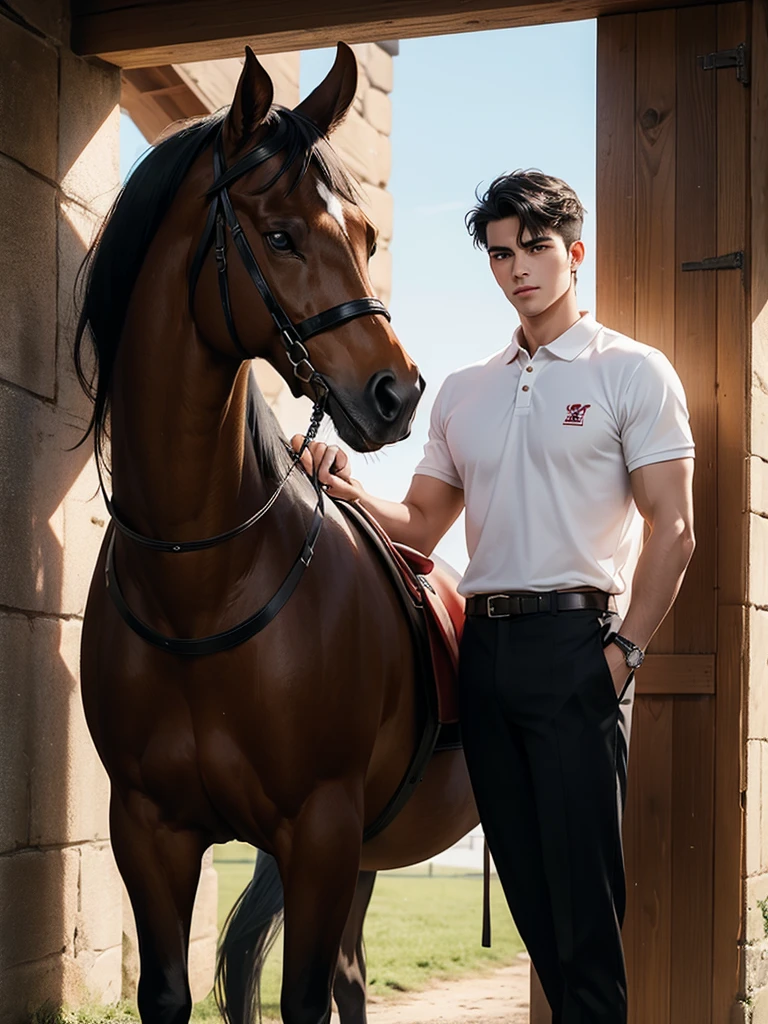 portrait headshot of a A tall handsome 27 year old man in a red and white long sleve polo shirt and white ridding pants and knee length  black boots. Holding a black horse by the harness with his left hand. He has black hair with a 70s-Inspired Shag brown eyes and light tan skin. He is muscular, athletic, and strong. In the background is a stable is a building in which livestock, especially horses, are kept.