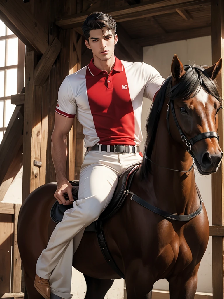 portrait headshot of a A tall handsome 27 year old man in a red and white long sleve polo shirt and white ridding pants and knee length  black boots. Holding a black horse by the harness with his left hand. He has black hair with a 70s-Inspired Shag brown eyes and light tan skin. He is muscular, athletic, and strong. In the background is a stable is a building in which livestock, especially horses, are kept.