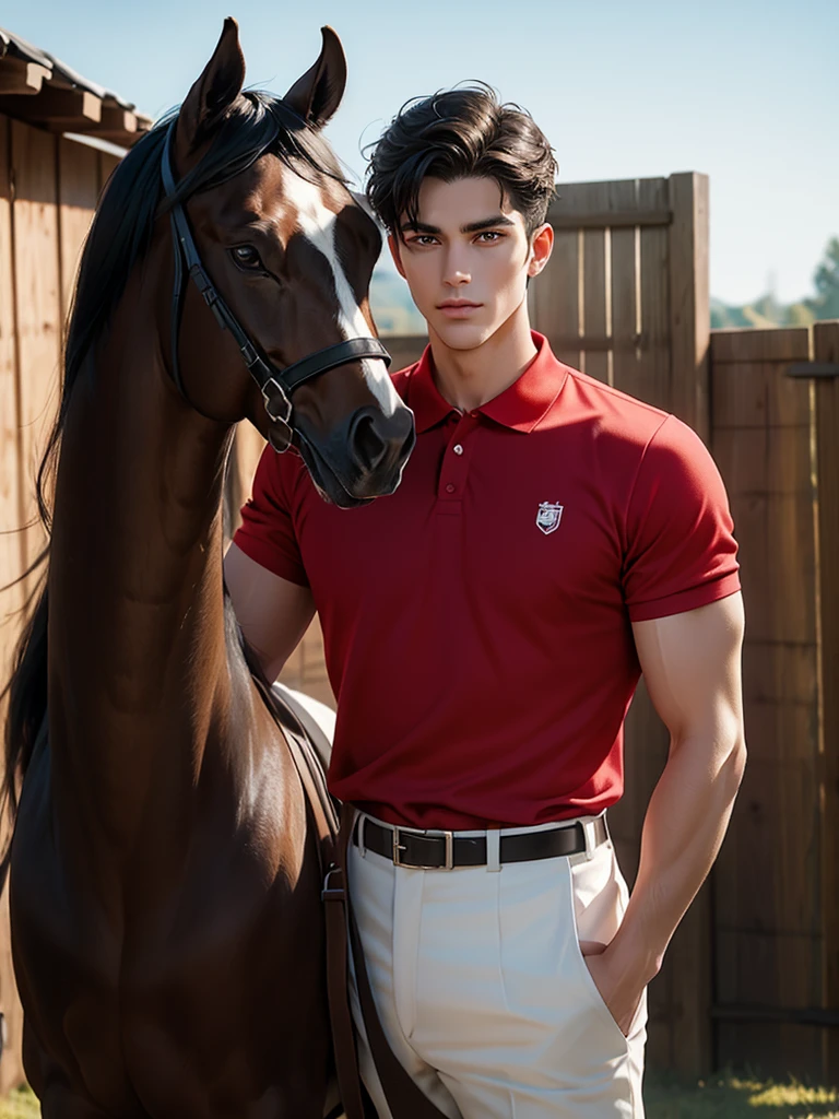 portrait headshot of a A tall handsome 27 year old man in a red and white long sleve polo shirt and white ridding pants and knee length black boots. Holding a black horse by the harness with his left hand. He has black hair with a 70s-Inspired Shag brown eyes and light tan skin. He is muscular, athletic, and strong. In the background is a stable is a building in which livestock, especially horses, are kept.