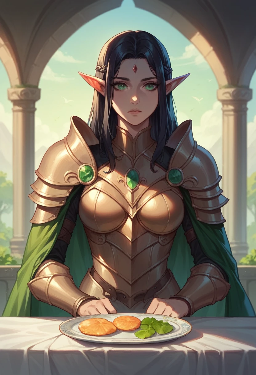 1girl,Ultra Detailed, Beautiful Beauty, Beautiful, Masterpiece, Best Quality, Half-Elf, Epic, Fantasy, Plate Armor, Dungeons and Dragons, Raven Black Hair, Emerald Green Eyes, Smaller Pointed ears.