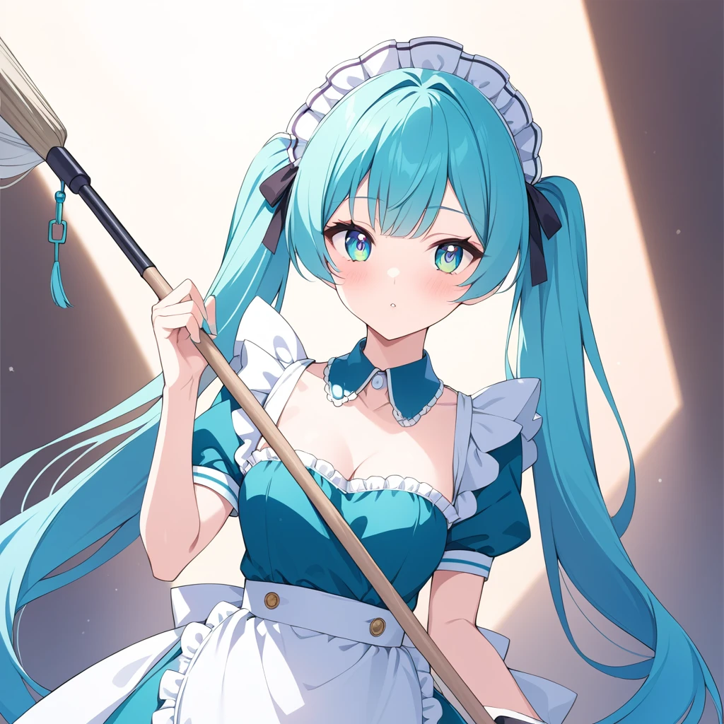 Clear for content,maid girl,high quality,teal hair,teal eyes,teal maid dress,teal panties,holding mop,wonder face
