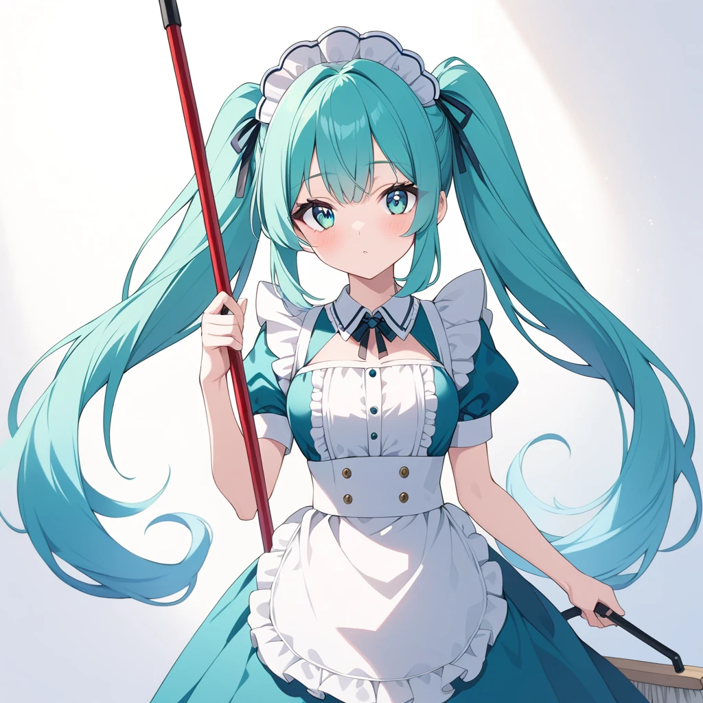 Clear for content,maid woman,high quality,teal hair,teal eyes,teal maid dress,holding mop,wonder face,adult,long twintails hair,nice background,perfect light,high detailed eyes,adult woman,28 years old,high detailed character,Very long twintails hair