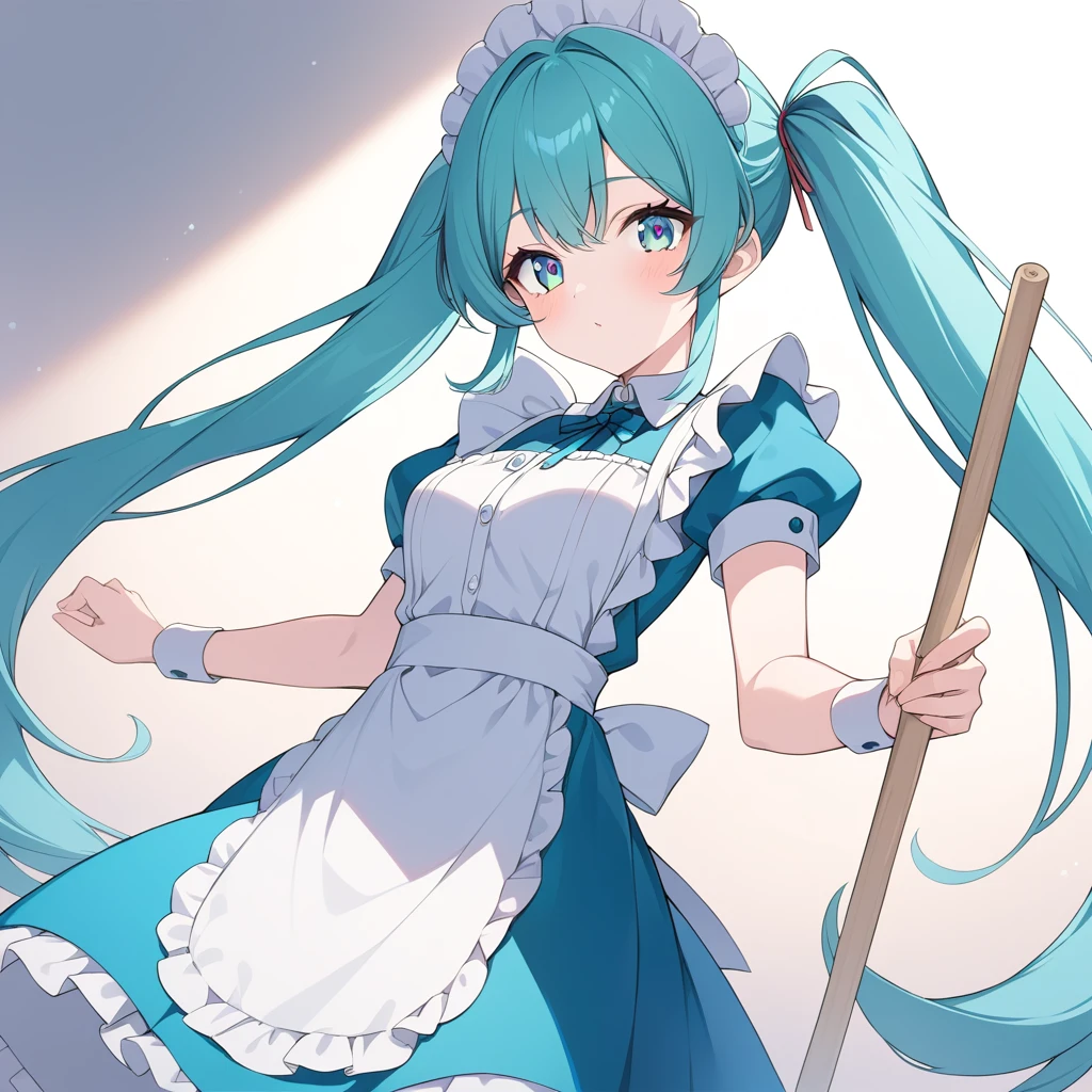 Clear for content,maid woman,high quality,teal hair,teal eyes,teal maid dress,holding mop,wonder face,adult,long twintails hair,nice background,perfect light,high detailed eyes,adult woman,28 years old,high detailed character,Very long twintails hair