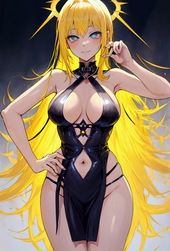 ((((Obra maestra, La mejor calidad, ultrahigh resolution)))), 1girl, standing,), ((long pure blonde hair, hair over eye)), long hair cut, shiny skin, ((green eyes)), glowing_eyes, neon eyes, (ultra detailed eyes:0.7, beautiful and detailed face, detailed eyes:0.9), ((centered)), smirk, facing viewer, ((vibrant background, dark lighting, summer, sunlight)), large chested, looking at viewer, ((half closed eyes)), ((perfect hands)), (((head:1, arms, hips in view, elbows, in view))), ((hands behind back)), empty eyes, beautiful lighting, ((outside, outdoors)), defined subject, head tilt, (((gritty)), ((creepy)), ((cool)), ((beautiful)), (((NSFW))), hair ornament, petals in the air, moon in the sky, city, mature woman, adult woman, dark gold night dress, night dress, she is a princess, smiling, fullbody, fullbody shot, she looks spicy, sexy dress, attractive woman, dynamite body, wide hips,