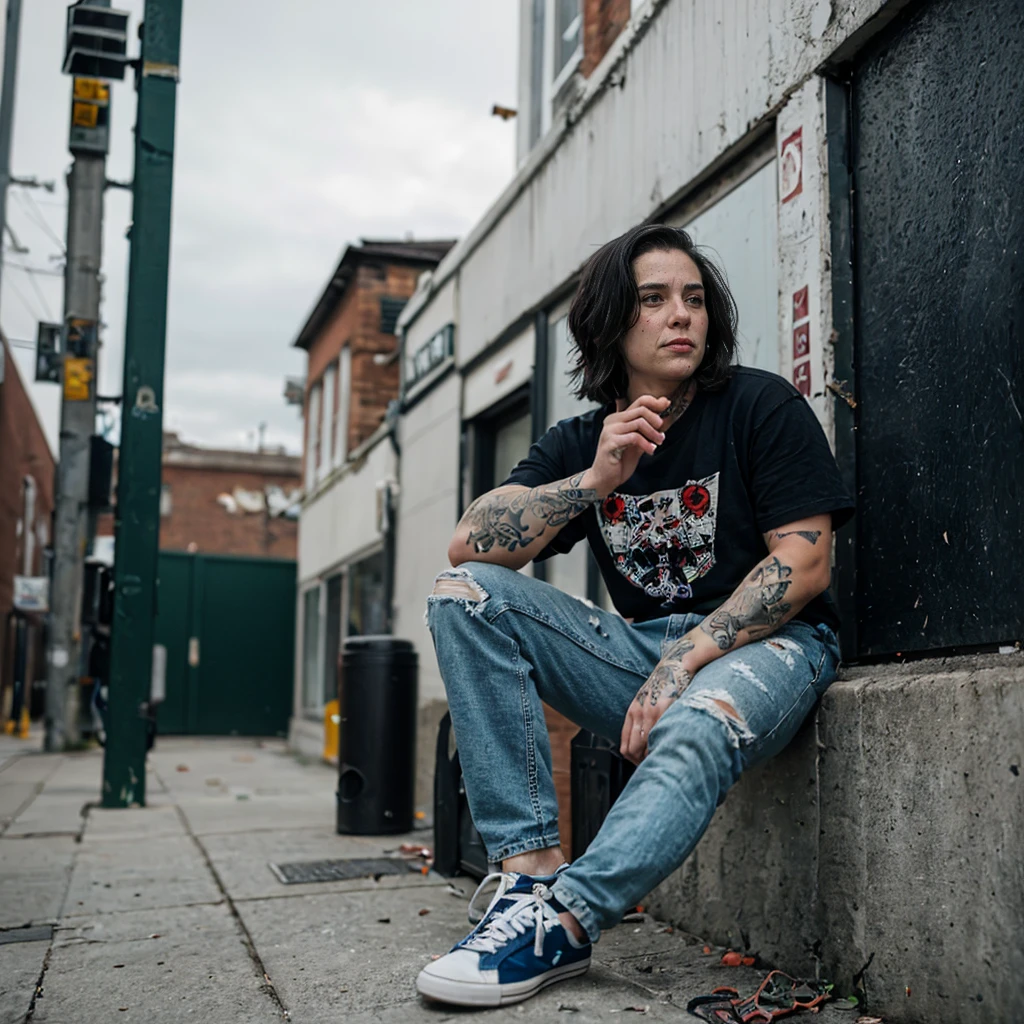 Create an image of Andy from ‘We All Looked Up’: punk rock style, messy black dyed hair, band T-shirt, torn jeans, worn-out sneakers, tattoos and piercings, gritty urban background.