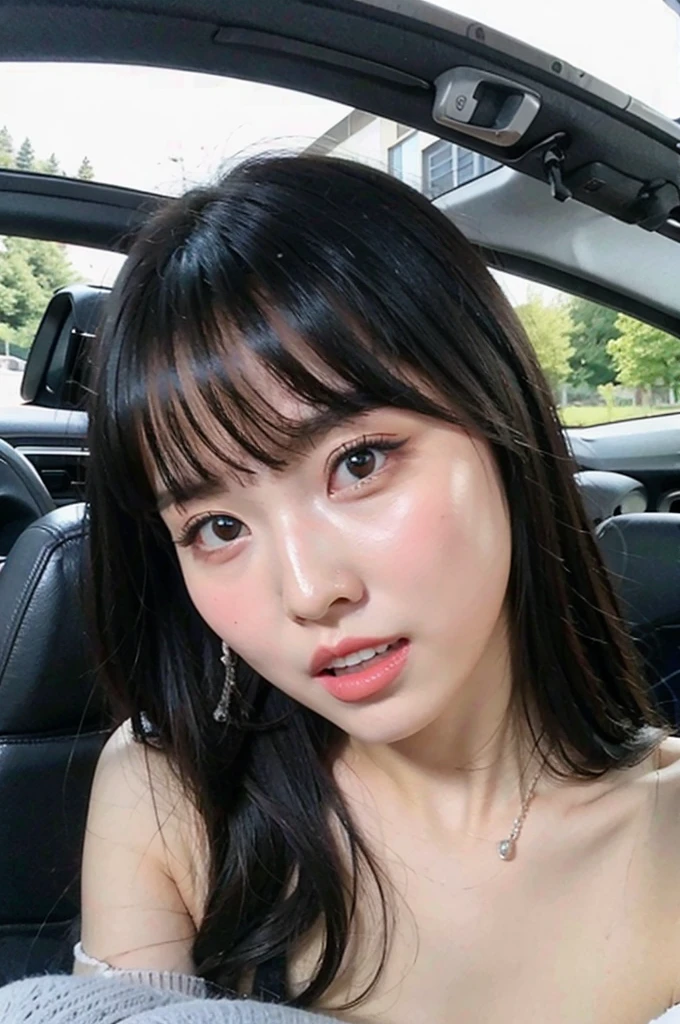 Completely naked,Mobile selfie,sweating,D Cup,Inside the car,Mouth half open