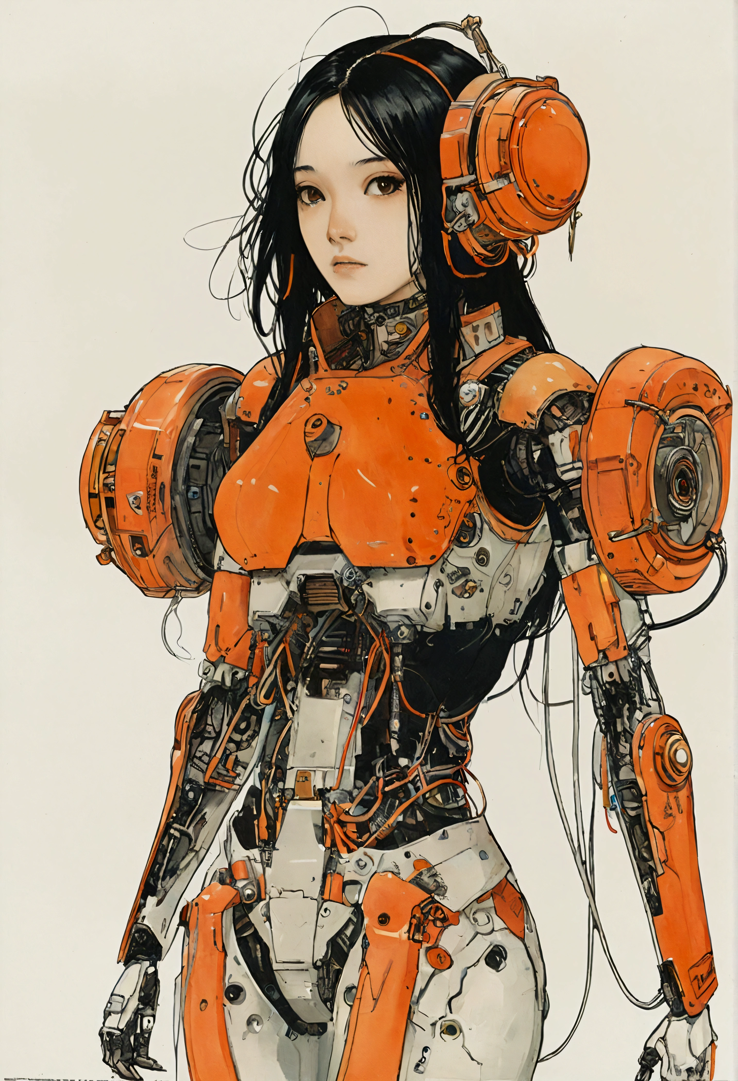 The Style of Kawanabe Kyosai、Female character design wearing a blue cybernetic exoskeleton、Black Hair、Sauvage Hair、Concept Design Sheet、White background