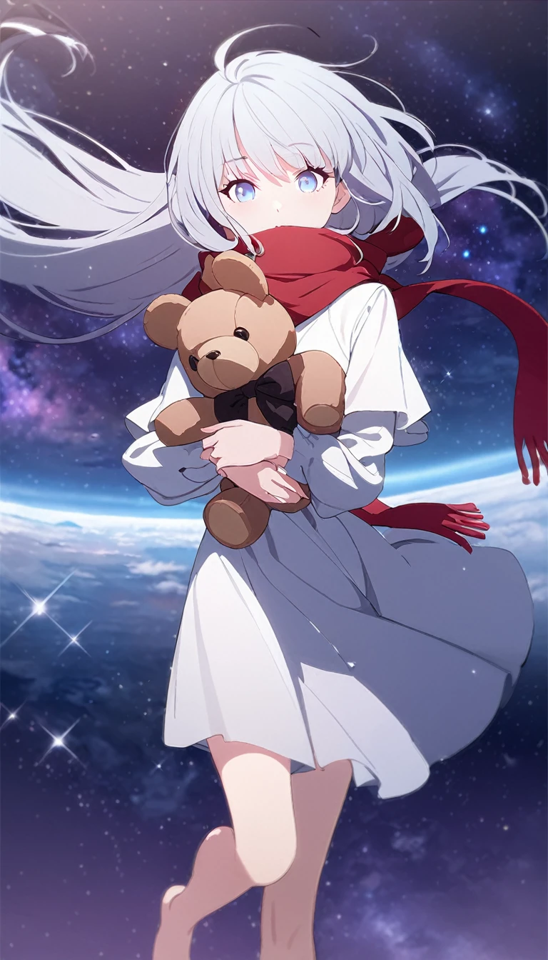 (((masterpiece))), (((best quality))),(((high detail))),light manipulation, girl with long silver hair, gradient purple to sky blue eyes, wearing a white dress, a red scarf, galaxy background, holding a teddy bear, feet, no footwear