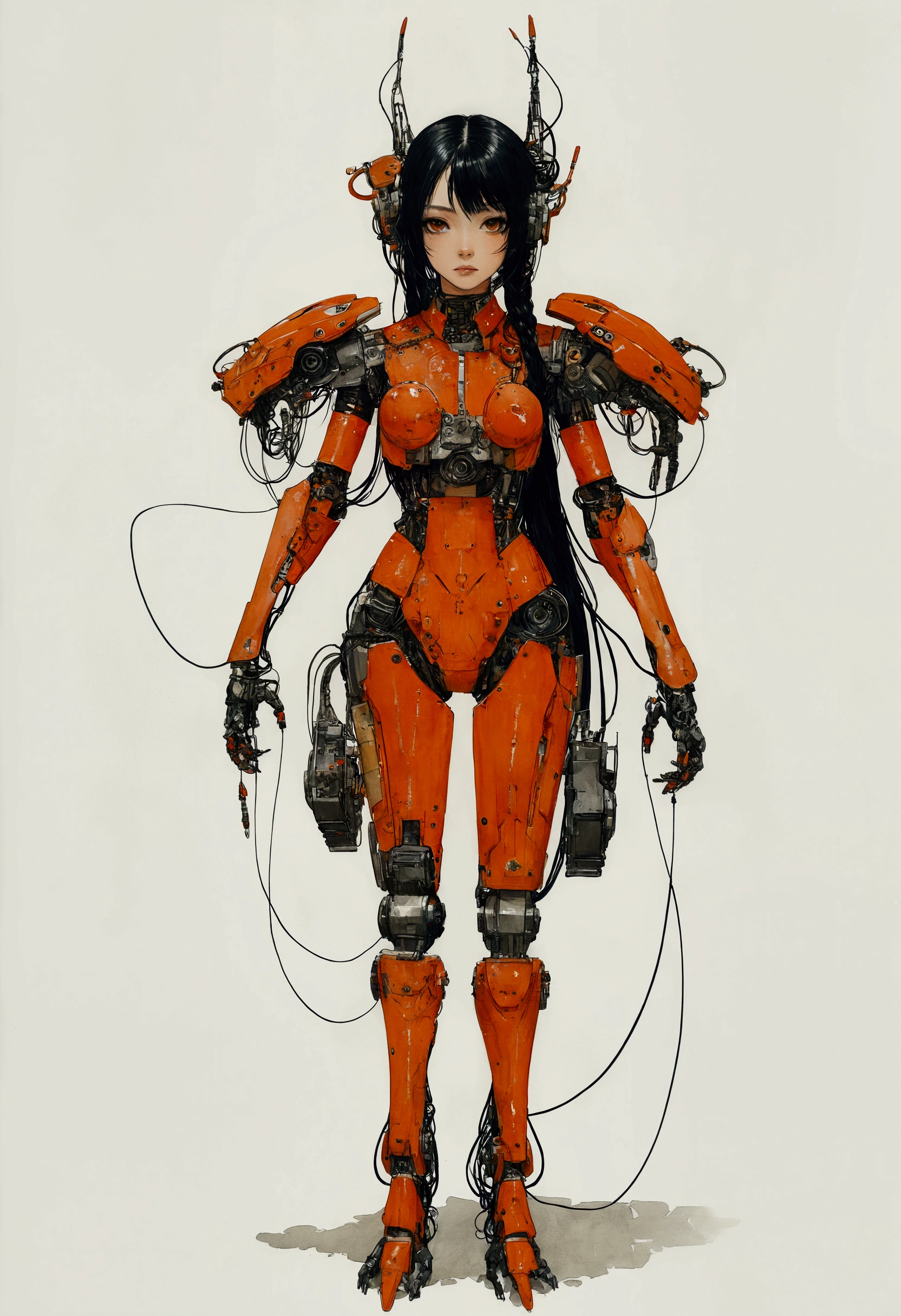 The Style of Kawanabe Kyosai、Female character design wearing an orange cybernetic exoskeleton、Black Hair、Hime cut、Concept Design Sheet、White background