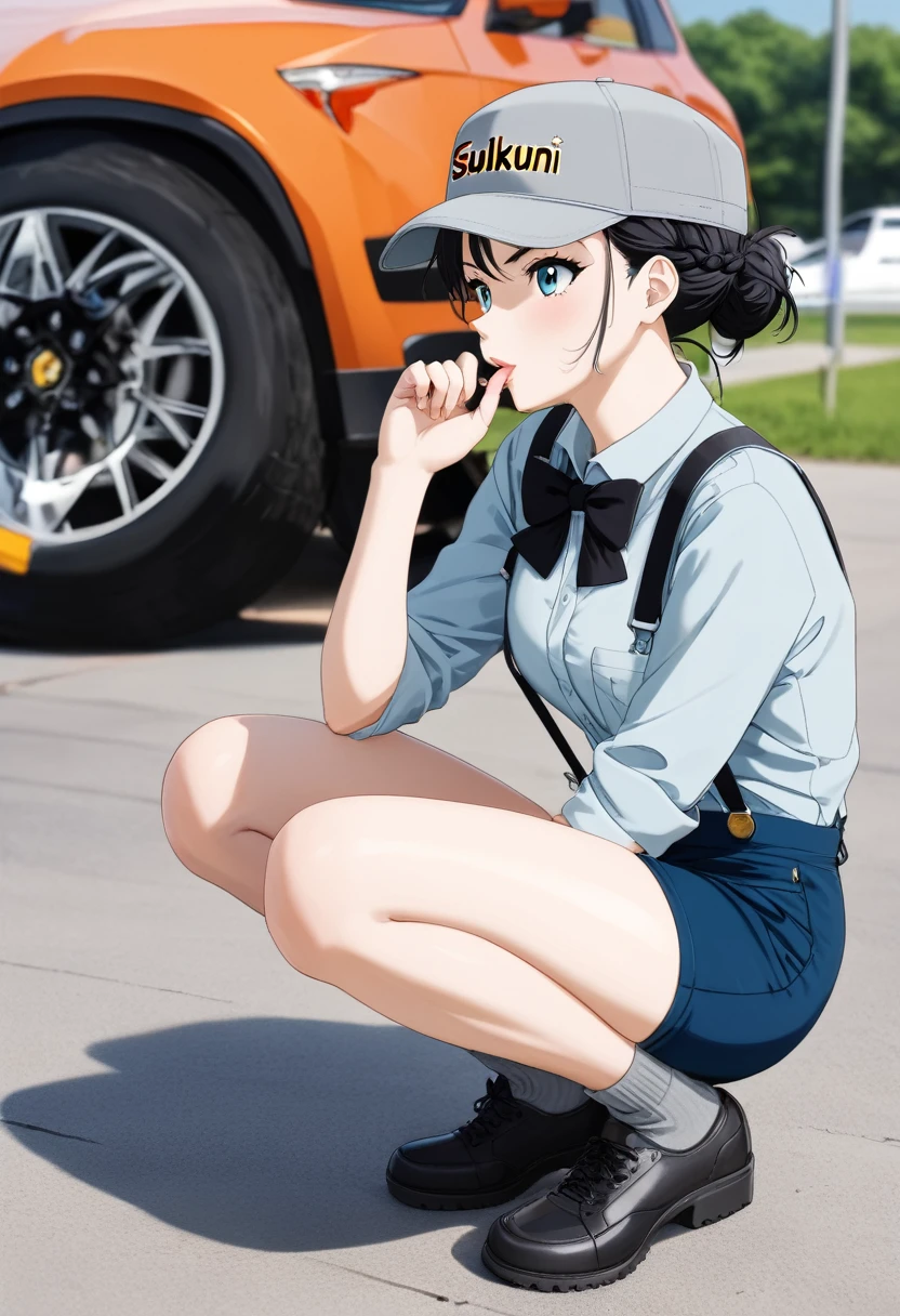 2D, masterpiece, Highest quality, anime, Very detailed, Cowboy Shot, One girl, alone, subaru_suspenders, subaru_suspenders, French Braid, Blue jacket, Grey Shirt, Black bow tie, star \(symbol\), Torn blue shorts, abdomen, Grey hat, Grey socks, Squat, Outdoor, Lace and lingerie with attention to detail,She kneels in front of the man and takes his dick in her mouth
