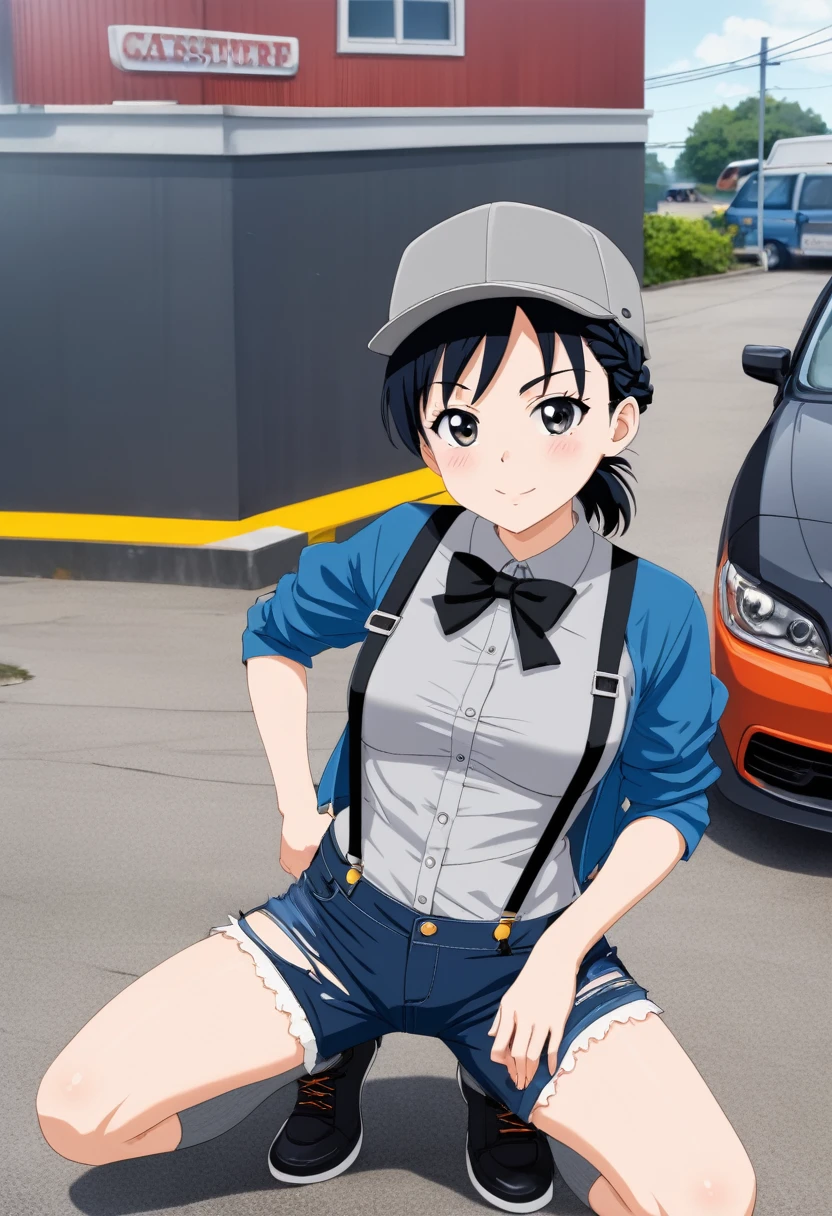 2D, masterpiece, Highest quality, anime, Very detailed, Cowboy Shot, One girl, alone, subaru_suspenders, subaru_suspenders, French Braid, Blue jacket, Grey Shirt, Black bow tie, star \(symbol\), Torn blue shorts, abdomen, Grey hat, Grey socks, Squat, Outdoor, Lace and lingerie with attention to detail,She kneels in front of the man and takes his dick in her mouth