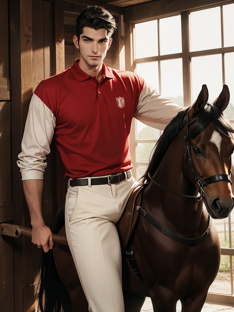 portrait headshot of a A tall handsome 27 year old man in a red and white long sleve polo shirt and white ridding pants and knee length black boots. Holding a black horse by the harness with his left hand. He has black hair with a 70s-Inspired Shag brown eyes and light tan skin. He is muscular, athletic, and strong. In the background is a stable is a building in which livestock, especially horses, are kept.