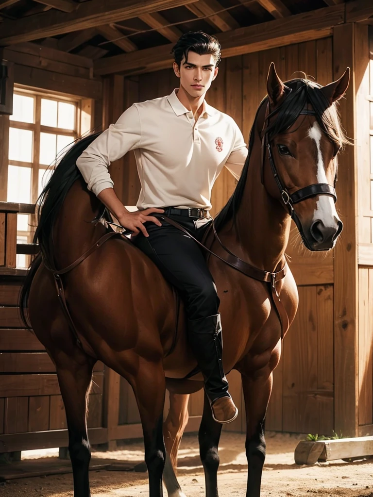 portrait headshot of a A tall handsome 27 year old man in a red and white long sleve polo shirt and white ridding pants and knee length black boots. Holding a black horse by the harness with his left hand. He has black hair with a 70s-Inspired Shag brown eyes and light tan skin. He is muscular, athletic, and strong. In the background is a stable is a building in which livestock, especially horses, are kept.