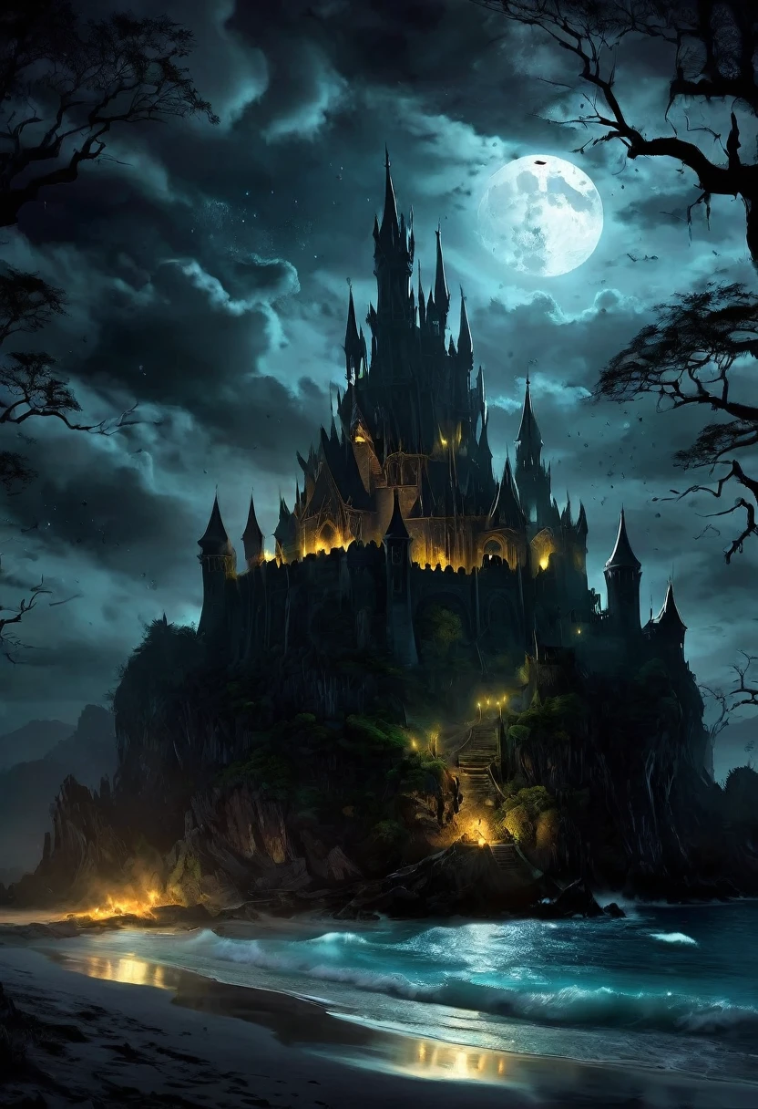 arafed, dark fantasy art, goth art,  an award winning digital picture, National Geographic picture of a dark mysterious island at night, it is night time, a dark island, dark gloomy beach, skull on the beach, some large ancient trees, a dark castle, lit with torches, necromancy magic, full moon, some stars,  Ultra-high resolution, High Contrast, (masterpiece:1.5), highest quality, Best aesthetics), 16K fantasy art, best details, best quality, highres, (ultra wide angle: 1.2), 16k, [ultra detailed], masterpiece, best quality, (extremely detailed), ladyshadow, magical sky, NecromancyAI