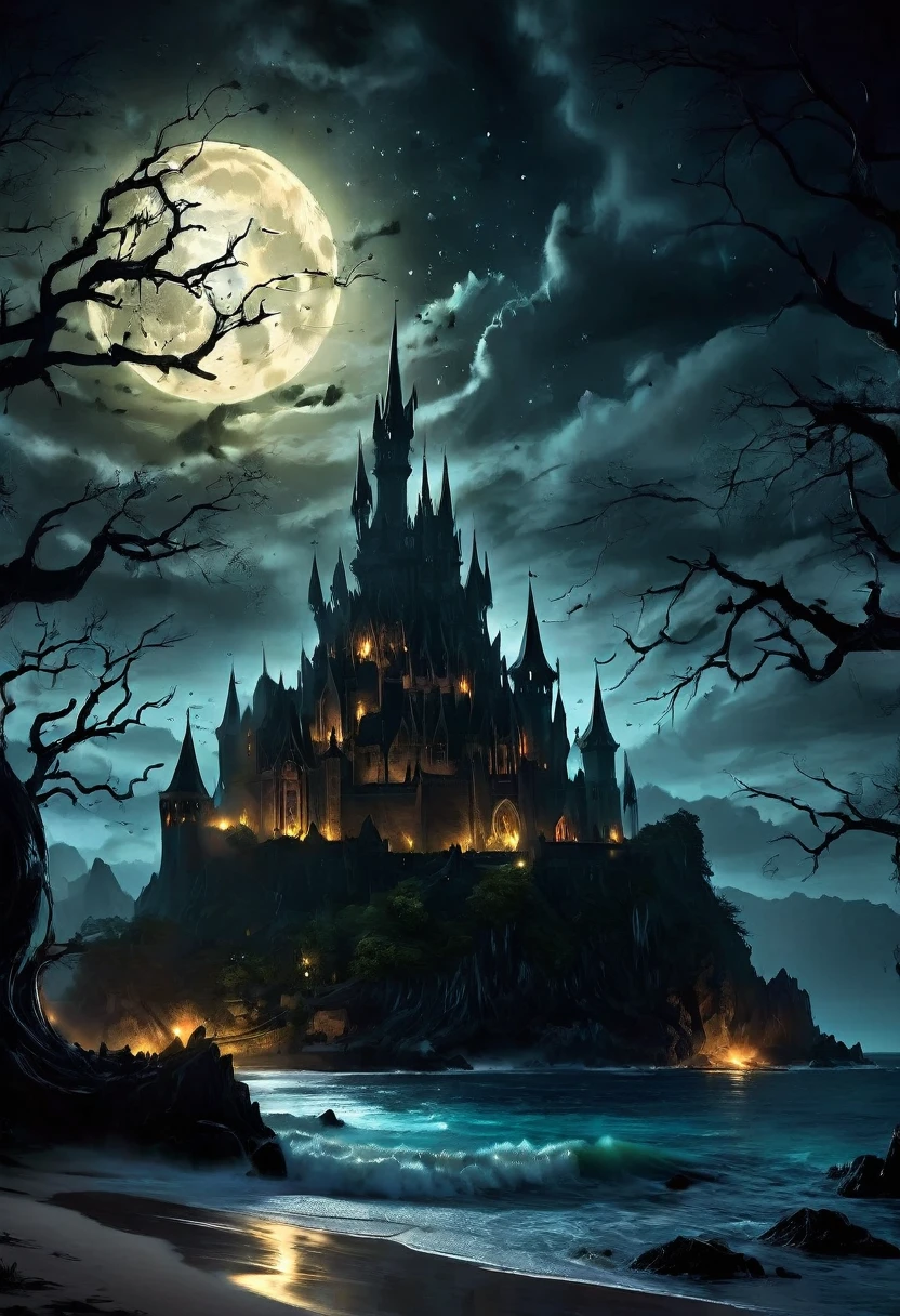arafed, dark fantasy art, goth art,  an award winning digital picture, National Geographic picture of a dark mysterious island at night, it is night time, a dark island, dark gloomy beach, skull on the beach, some large ancient trees, a dark castle, lit with torches, necromancy magic, full moon, some stars,  Ultra-high resolution, High Contrast, (masterpiece:1.5), highest quality, Best aesthetics), 16K fantasy art, best details, best quality, highres, (ultra wide angle: 1.2), 16k, [ultra detailed], masterpiece, best quality, (extremely detailed), ladyshadow, magical sky, NecromancyAI