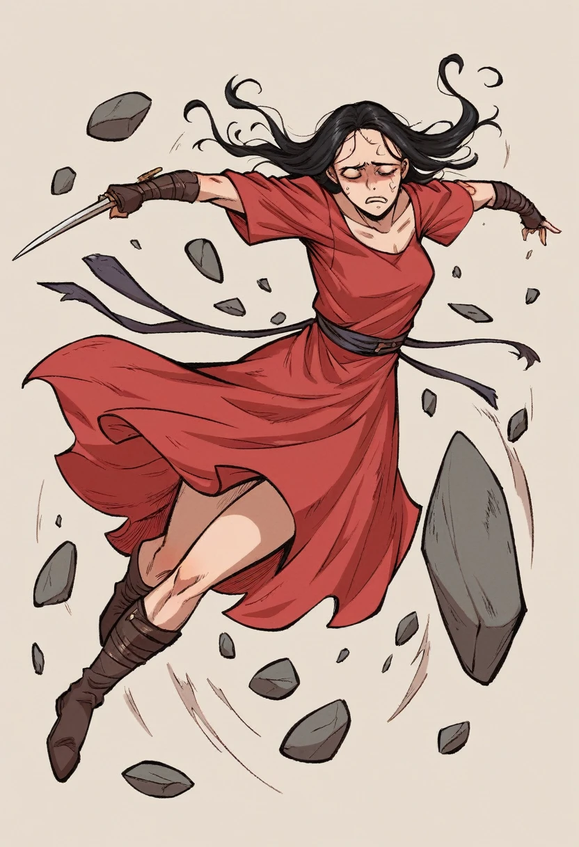 Equipped with a sword on her back:1.3),(A detailed eye:1.3),(A detailed face:1.3),(Detailed weapons:1.3),(Detailed body:1.3),((full bodyesbian:1.5)),(In the background, rocks are floating in the air.:1.5), defeated assassin, anime style, shred dress, about to be defeated, exhausted. wearing worn out red dress, long black straight hair.