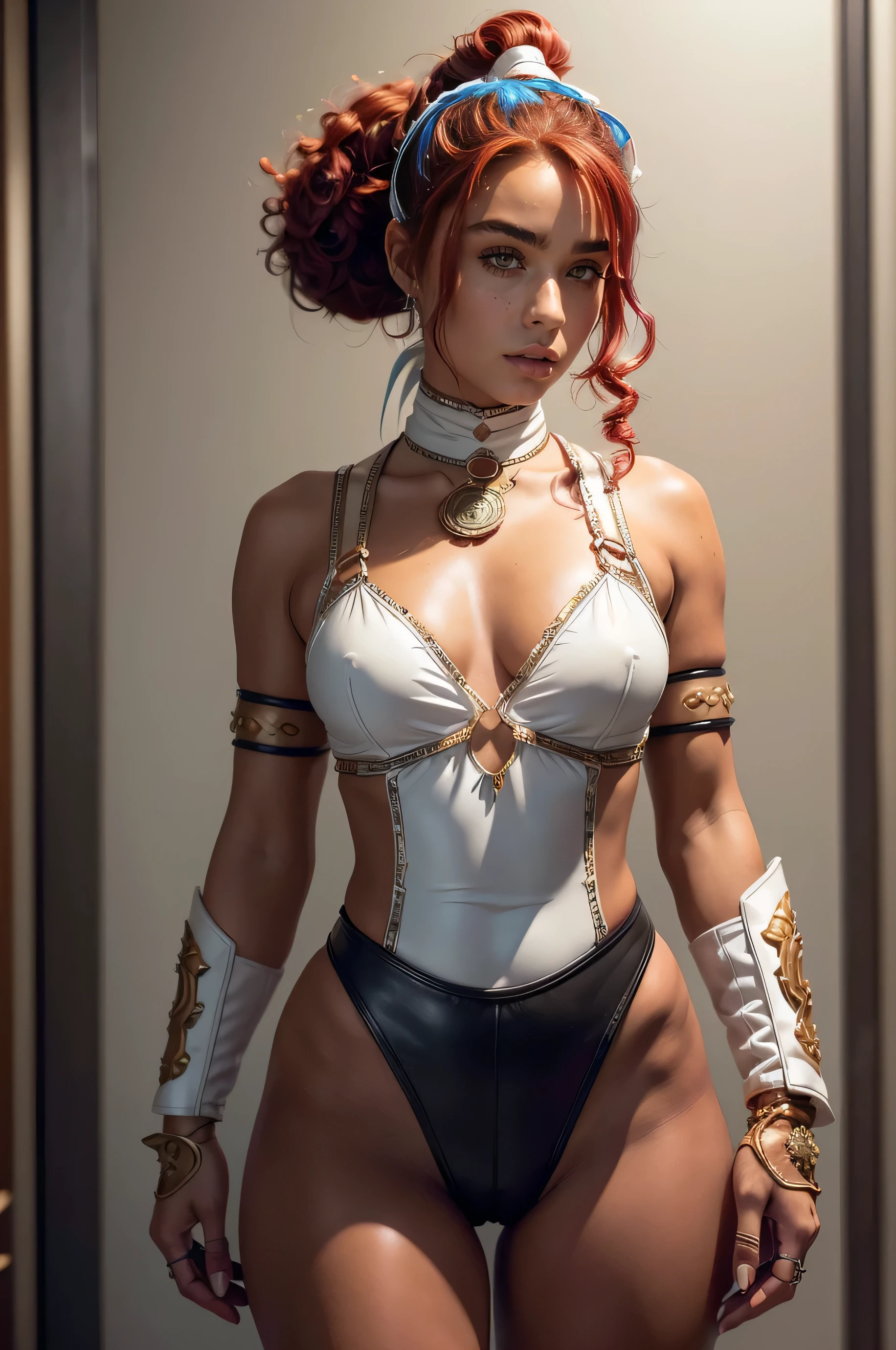 Sommer Ray model (8k, original photo, best quality, masterpiece:1.2), (Practical, photo-Practical:1.4), (Extremely detailed CG Unity 8K wallpaper), whole body (rogue:1.1) Women wearing gold jewelry (Leather Armor:1.3), Stitching the worn-out armor, (Extremely detailed:1.5), Gold and (White:1.5), Concept art portrait,author:greg rutkowski, Type Germ, Super Fine、Intricate Gothic Art Trending on Artstation, fantastic, Intricate details, (Small blue highlights:1), (Red hair, curls, High Ponytail: 1.4)