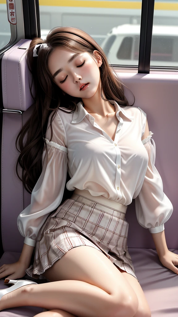 20-year-old women,,Clear images、Real women 、Brown Hair, Medium Hair〜Half-up、She is sleeping soundly with her mouth open.., Slim figure ,Breasts are a little bigger than normal , Head to toe full body shot, Shiny white high heels、 Blouse with ribbon on the chest、Checkered mini skirt, Sit comfortably in the back of the bus, 、私 threw my head back and fell into a deep sleep..,Arms hanging down. I'm exhausted on the way home after work..Sleeping like the dead.My knees are open, Both feet are on the floor, sleeping face, close your eyes, Mouth wide open and drool、Tilt your head back and look up, I can rest my head on the seat and sleep soundly..., Anatomically correct,Composition looking up from the front