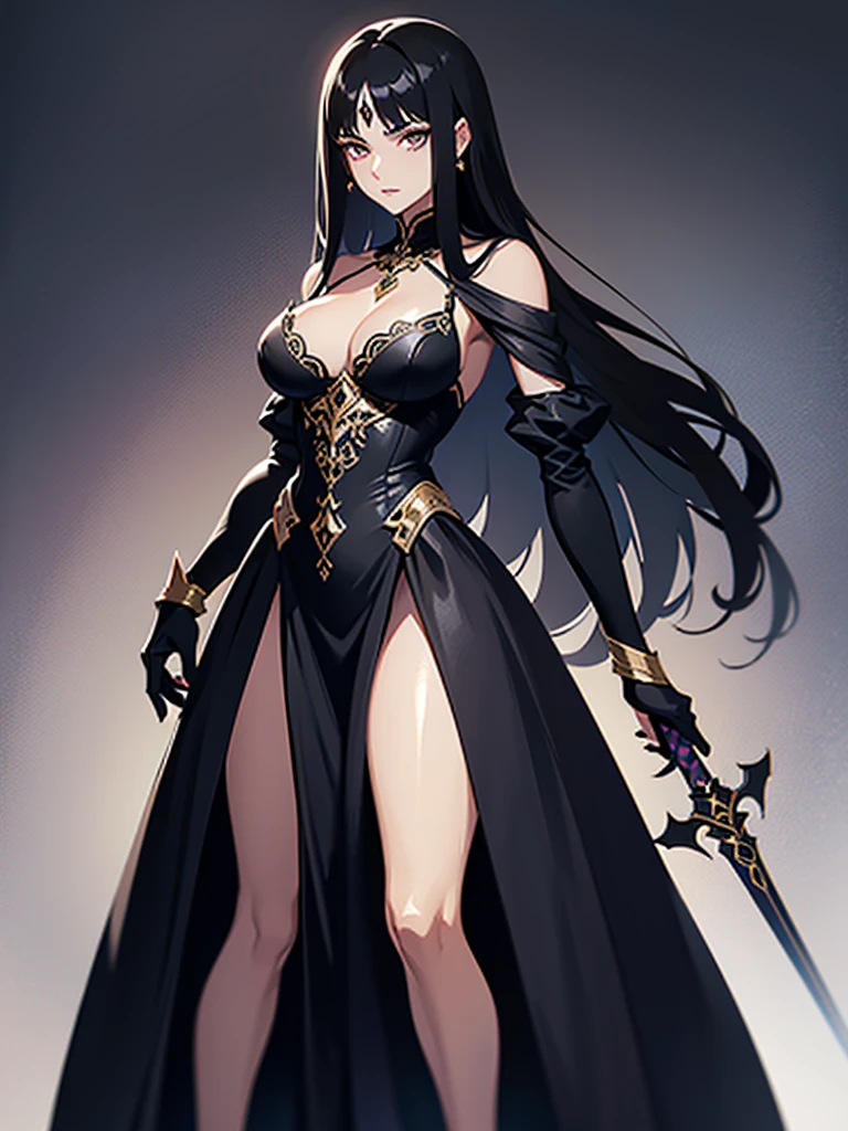 She is a poised woman of average height with a slender build. She has long, silky black hair and striking dark brown eyes framed by thick lashes. Her fair skin is smooth, complementing her well-defined facial features, including high cheekbones and full lips. She wears subtle makeup, enhancing her natural beauty. Dressed in a sleek, dark satin gown with a deep V-neckline, she exudes elegance and sophistication. The character wields a long, polished metal sword with an ornate guard and a dark-wrapped hilt. The decorative pommel and intricate designs indicate it is both functional and ceremonial, enhancing her elegant and authoritative presence.