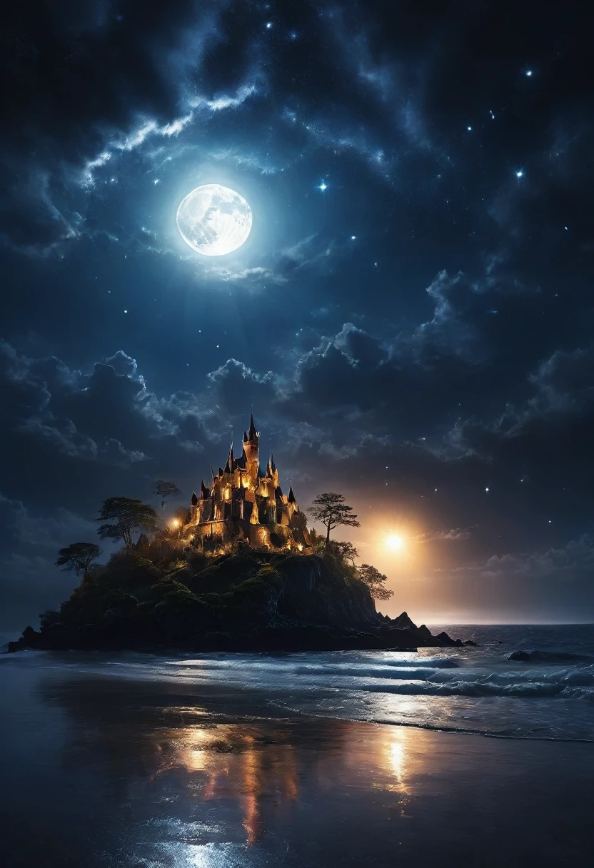 arafed, dark fantasy art, goth art,  an award winning digital picture, National Geographic picture of a dark mysterious island at night, it is night time, a dark island, dark gloomy beach, skull on the beach, some large ancient trees, a dark castle, lit with torches, necromancy magic, full moon, some stars,  Ultra-high resolution, High Contrast, (masterpiece:1.5), highest quality, Best aesthetics), 16K fantasy art, best details, best quality, highres, (ultra wide angle: 1.2), 16k, [ultra detailed], masterpiece, best quality, (extremely detailed), ladyshadow, magical sky