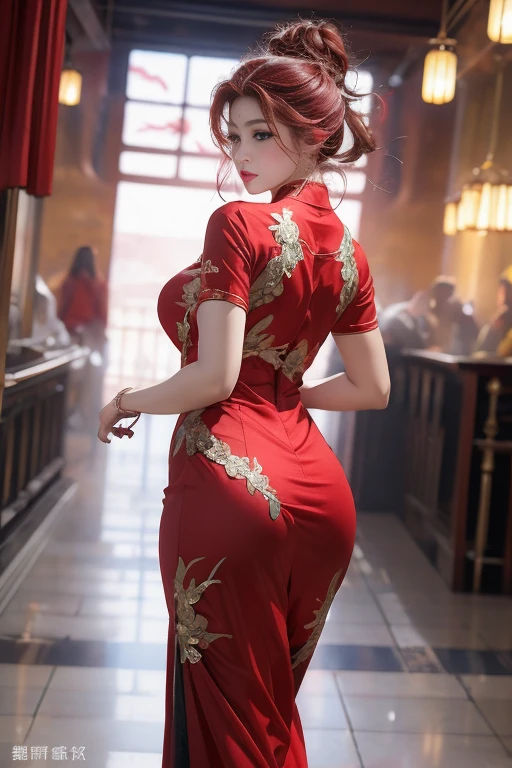 realisticlying, A high resolution, 1 rapariga, red ♥️🍒 color hair, korean people, eBlue eyes, The transparent cheongsam is flying，Sheer tight-fitting garments，Beads of sweat dripped down the buttocks，Large chest，Wide buttock， your ass，Butt visible，Visible on the back，buttocks visible，Ass pouted，wide wide shot，Cinema lenses，The skin glows，space ship，